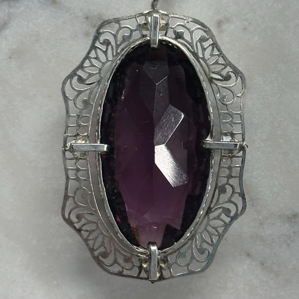 Antique Victorian Edwardian Sterling Filigre Amethyst Paste Pendant Necklace Lot - Picture 2 of 10
